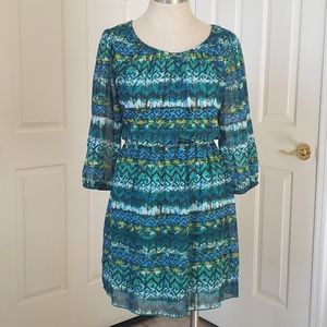 VINTAGE Y2K Boho Dress Blue Green Turquoise Sheer Flowy 3/4 Sleeves